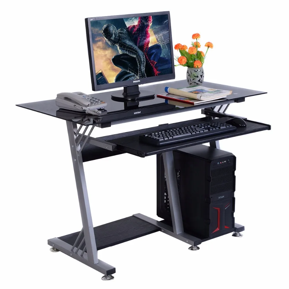 Image GOPLUS Glass Top Modern Computer Desk Table Office Furniture Keyboard Shelf New HW51359