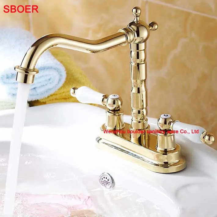 

Dual Handle with ceramic Bathroom Faucet Lavatory Basin Vanity Sink Mixer Contemporary One Hole Deck Amount, Polished Gold Tap