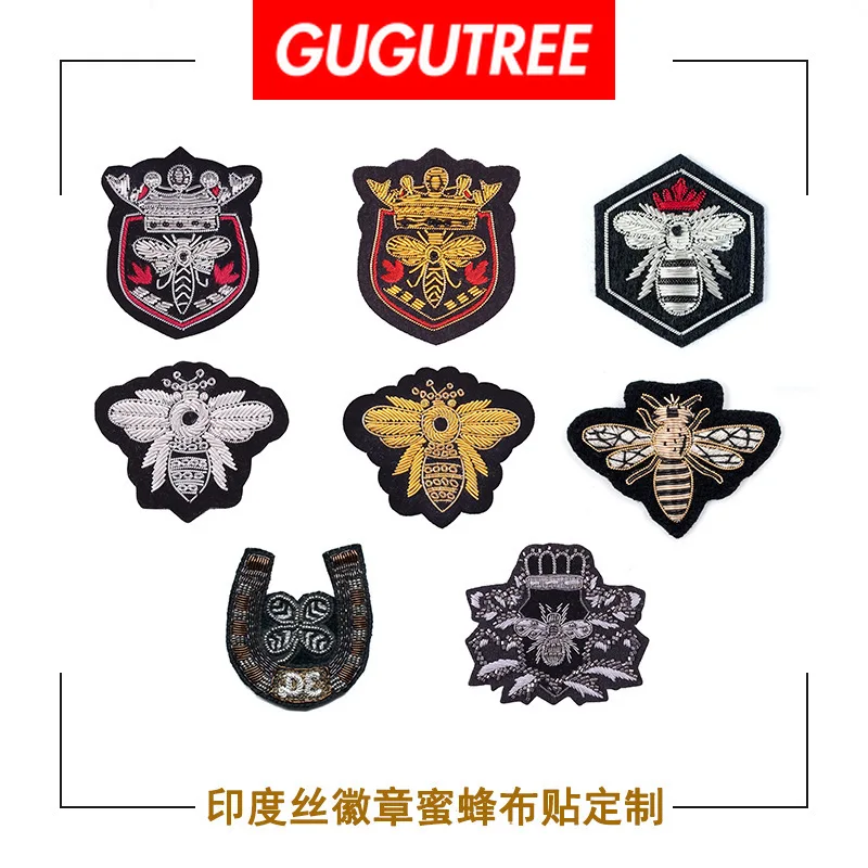 Индийская шелковая вышивка GUGUTREE золотые черные серые буквы корона пчела уши риса