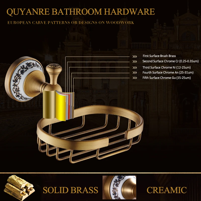 Quyanre Bathroom Hardwares Antique Brass Luxury Bathroom Accessory paper Holder Toilet Brush Rack Commodity Basket Shelf Soap Dish Towel Ring5