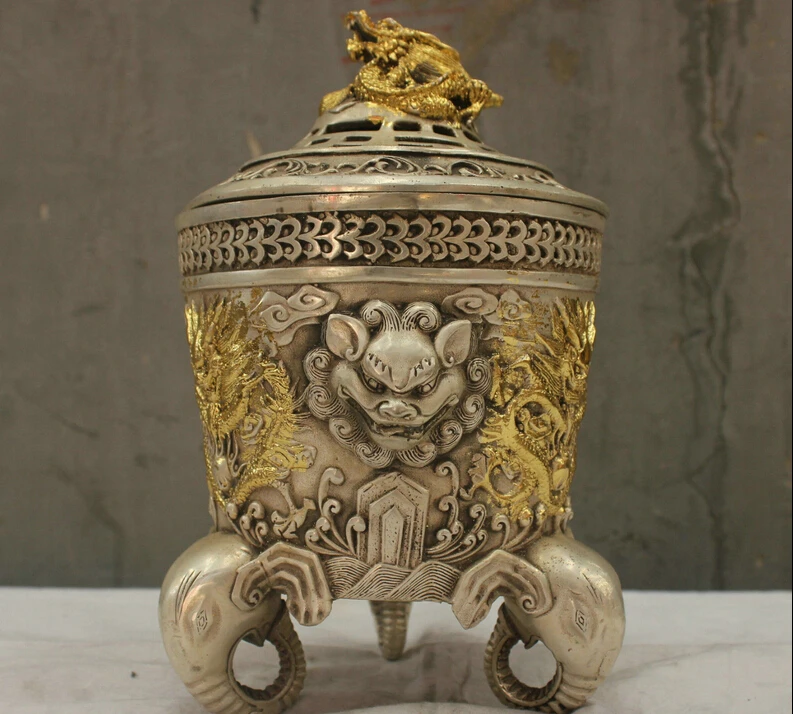 Chinese Culture HandMade Old Silver Bronze Statue Dragon Elephant incense burner
Chinese Culture HandMade Old Silver Bronze Statue Dragon Elephant incense burner