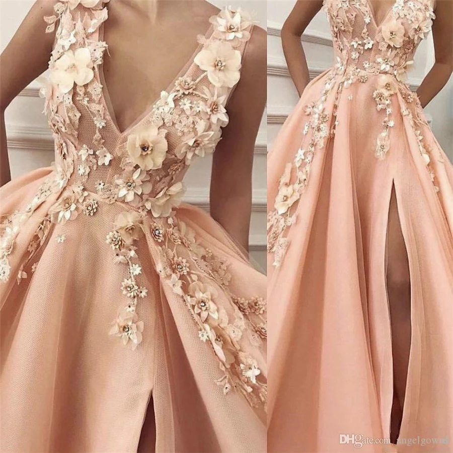 A-line V neck Peach Prom Dresses With Slit Peach 3D Lace Flowers Evening Dress Applique Elegant Formal Gowns P
A-line V neck Peach Prom Dresses With Slit Peach 3D Lace Flowers Evening Dress Applique Elegant Formal Gowns P
