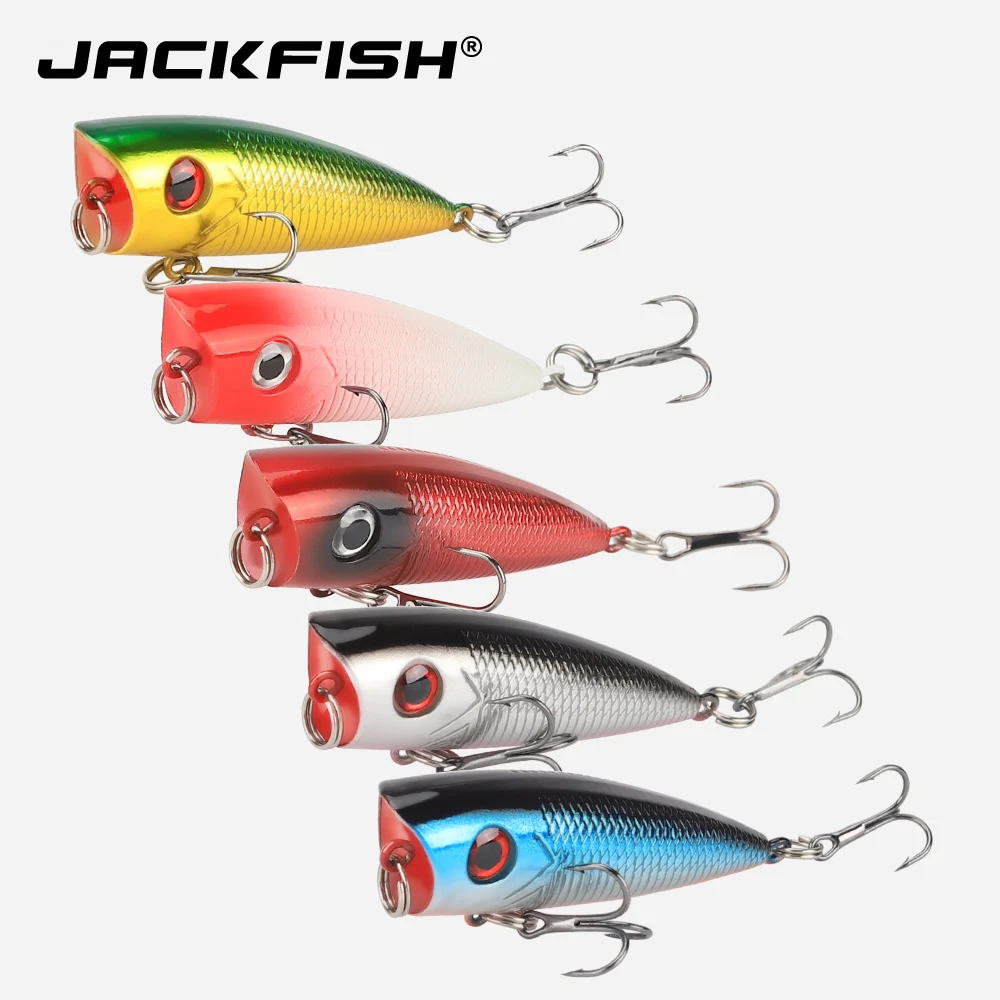 

JACKFISH Popper Lure 5 colors available 6.4cm/6.6G fishing lure with 6# hooks fishing tackle Artificial bait Top Water Hard Bait