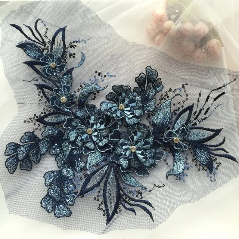 1 piece 3d blue silk flower motif lace applique, heavy bead lace applique, 3D lace applique with rhinestones, 3d floral
1 piece 3d blue silk flower motif lace applique, heavy bead lace applique, 3D lace applique with rhinestones, 3d floral