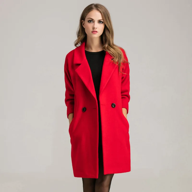 Image 2017 New Women Red Coat Loose Plus Size Woolen Coat Female High Quality Fashion Elegant Coat Winter Autumn Outwear Manteau Laine