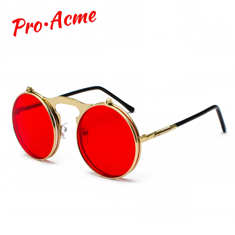 

Pro Acme Retro Steam Punk Sunglasses Round Flip Up Metal Frame Glasses Ocean Red Lens Steampunk Sun Glasses Women Men CC1060