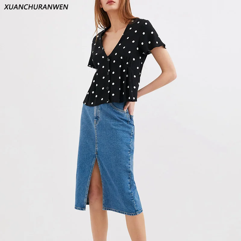 Summer Polka Dot Black Tops Flare Sleeve V neck Short Shirts Women Slim Casual Blouse Top XZ1980
Summer Polka Dot Black Tops Flare Sleeve V neck Short Shirts Women Slim Casual Blouse Top XZ1980