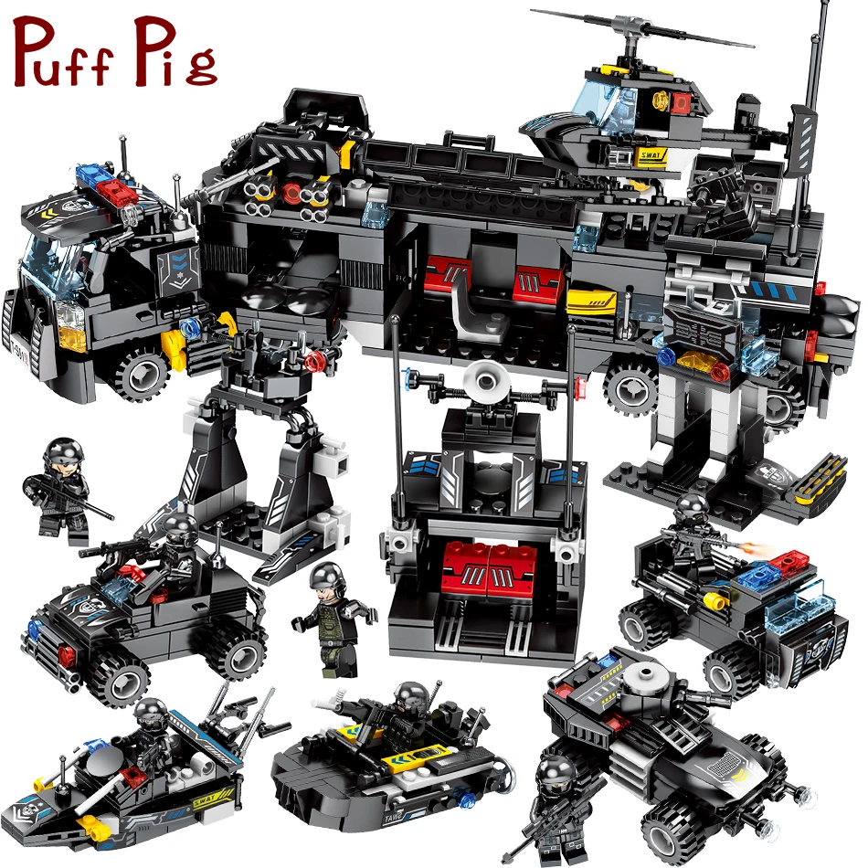 

695PCS 8in1 Army Swat Commando legorreta City Police Truck Model Building Blocks Figures Blocos De Montar Children Bricks Toys