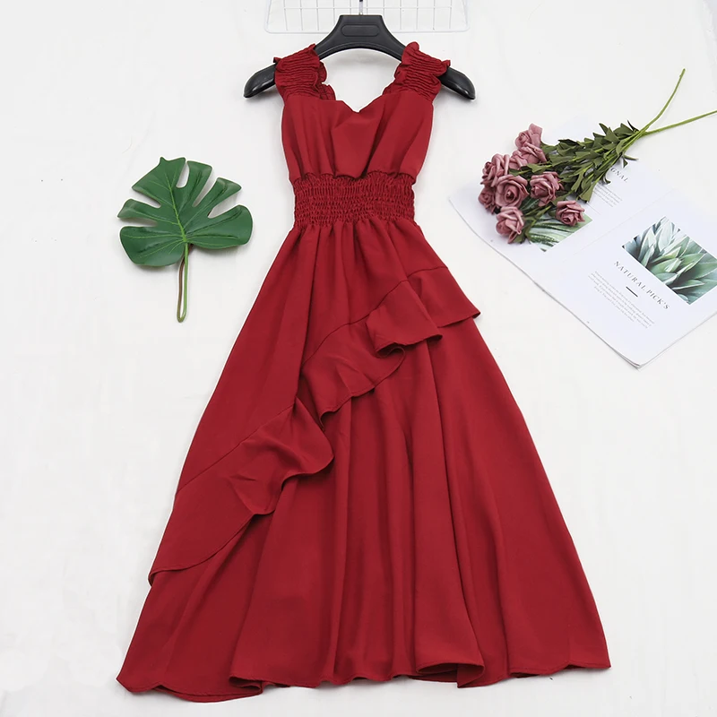 2021 Women Summer Square Collar Spaghetti Strap Layer Ruffle Chiffon Dress ALline Elastic Slim Waist Pullover Pleated Midi Dress
2021 Women Summer Square Collar Spaghetti Strap Layer Ruffle Chiffon Dress ALline Elastic Slim Waist Pullover Pleated Midi Dress