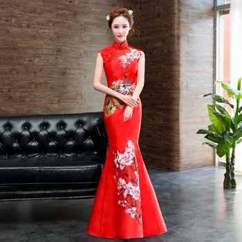 Chinese Style Women Red Satin Qipao Peacock Flower Evening Party Mermaid Dress Bridesmaid Bride Gowns Vintage Female Cheongsam
Chinese Style Women Red Satin Qipao Peacock Flower Evening Party Mermaid Dress Bridesmaid Bride Gowns Vintage Female Cheongsam