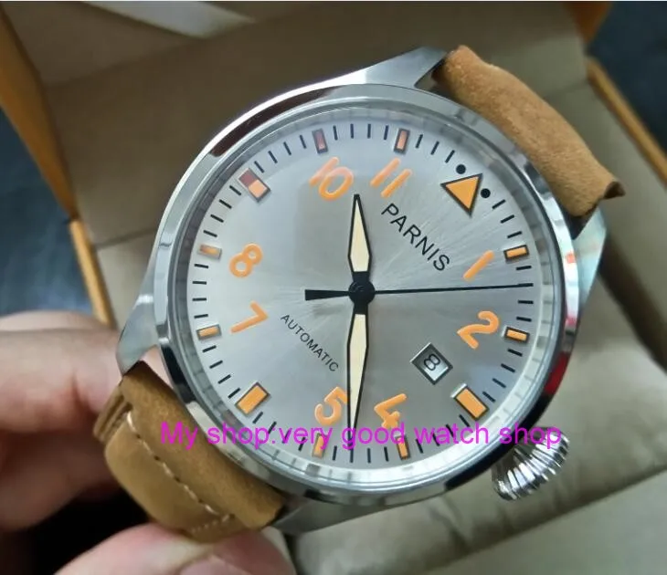 47mm PARNIS silvery-white dial Automatic Self-Wind movement Auto Date men watches luminous hands Mechanical watches DF286A
47mm PARNIS silvery-white dial Automatic Self-Wind movement Auto Date men watches luminous hands Mechanical watches DF286A