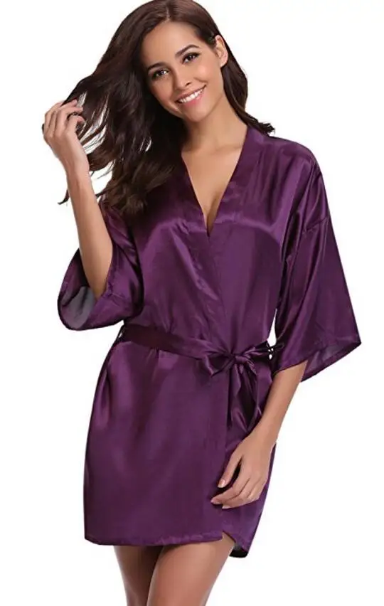 Women Silk Satin Short Night Robe Solid Kimono Robe Fashion Bath Robe Sexy Bathrobe Peignoir Femme Wedding Bride Bridesmaid Robe 122