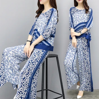 

Chiffon Wide Leg Pants Two Piece Set Top And Pants Batwing Sleeve Print Tracksuit Women Sash Conjunto Feminino Palazzo Pants