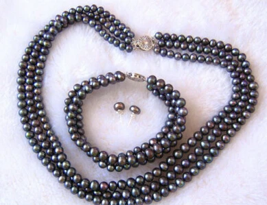Jewelry 001340 3 Rows Real Black Pearl 18KWGP Flower Clasp Necklace Bracelet Earrings Set