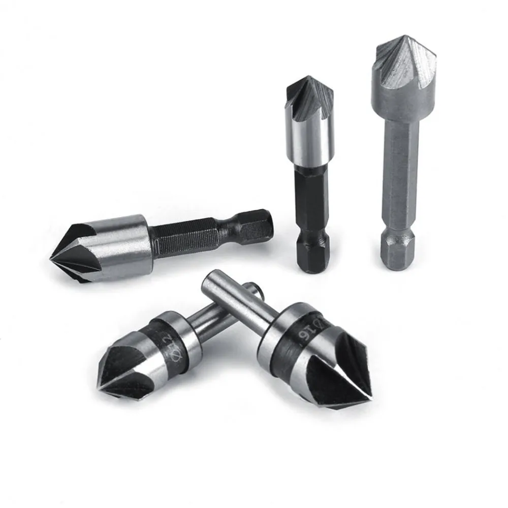 5pc Industrial 5 Flutes 82 Degree Countersink Drill Bit Set Wood Metal Working Chamfer and Deburring Tool (3)