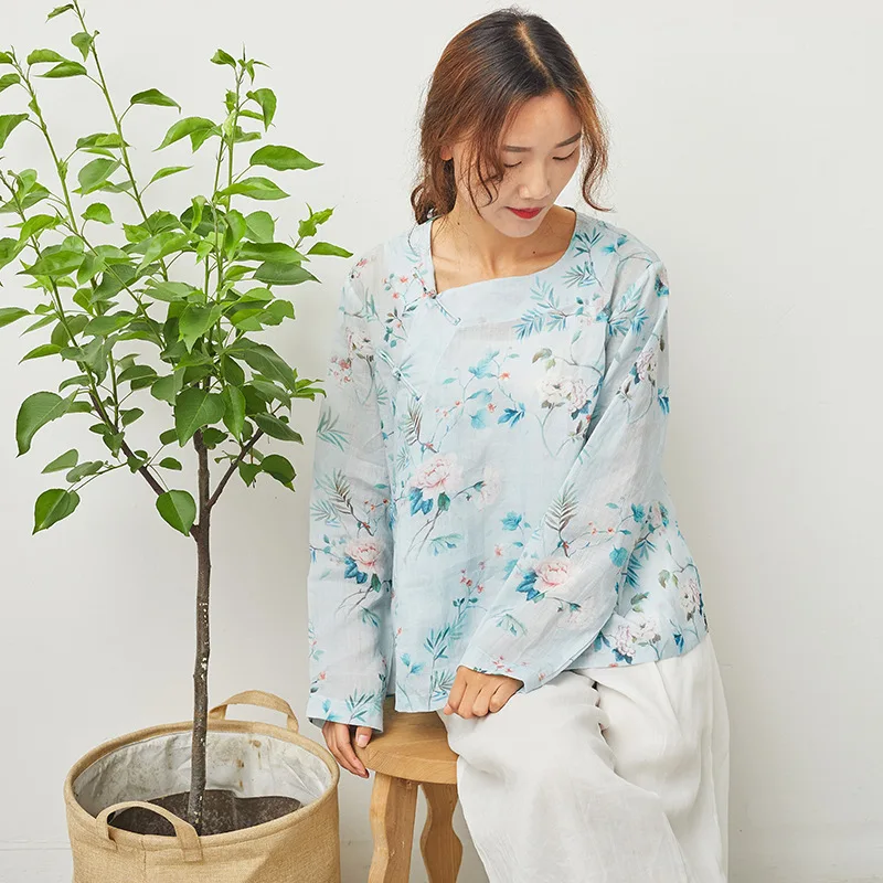 Beautiful Light Blue Floral Print Square Collar Frog Button Pure Ramie Linen Shirt, Delicate Office Lady Classical Elegant Shirt
Beautiful Light Blue Floral Print Square Collar Frog Button Pure Ramie Linen Shirt, Delicate Office Lady Classical Elegant Shirt