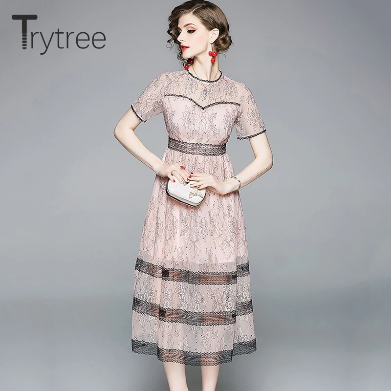Trytree Summer Women Dress Elegant O-Neck Pink Floral Lace Polyester Casual Dresses Zipper A-line Mid-Calf High Street Dress
Trytree Summer Women Dress Elegant O-Neck Pink Floral Lace Polyester Casual Dresses Zipper A-line Mid-Calf High Street Dress