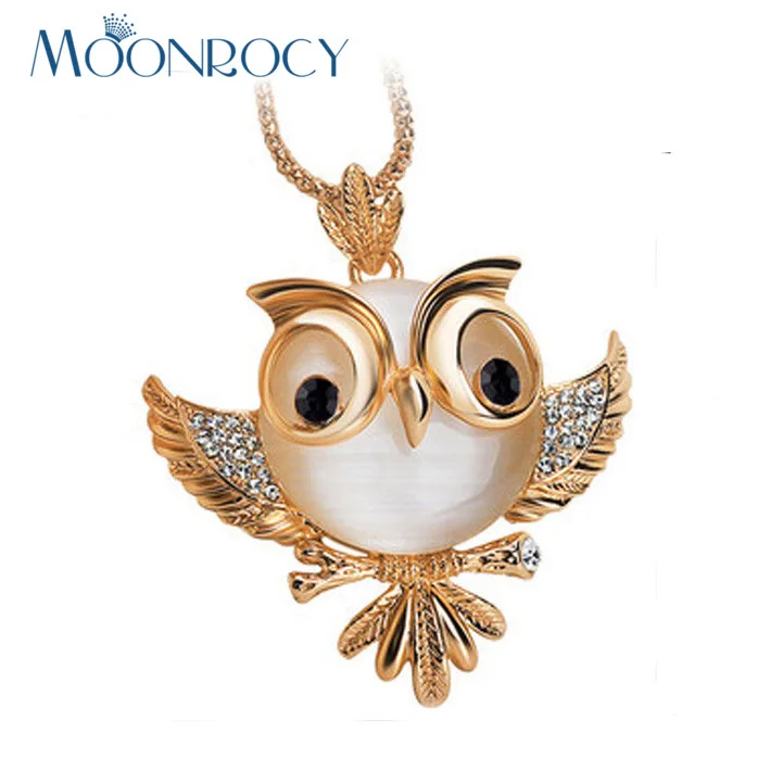 Image 18k rose Gold Plated Free Shipping Fashion long Chain Crystal Necklace Sweater Jewelry Fashion Opal for women Owl Bird gift