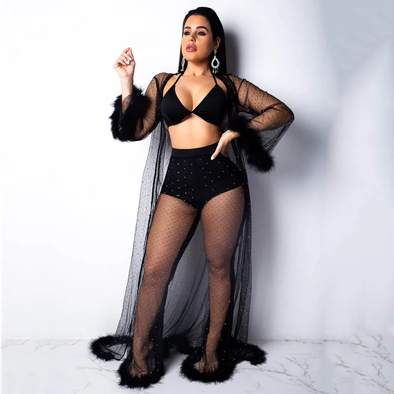 Mesh See Through Three Piece Set Women Halter Crop Top Fluffy Long Sleeves Gown Shiny Rhinestones Long Pants 3 Piece Outfits
Mesh See Through Three Piece Set Women Halter Crop Top Fluffy Long Sleeves Gown Shiny Rhinestones Long Pants 3 Piece Outfits