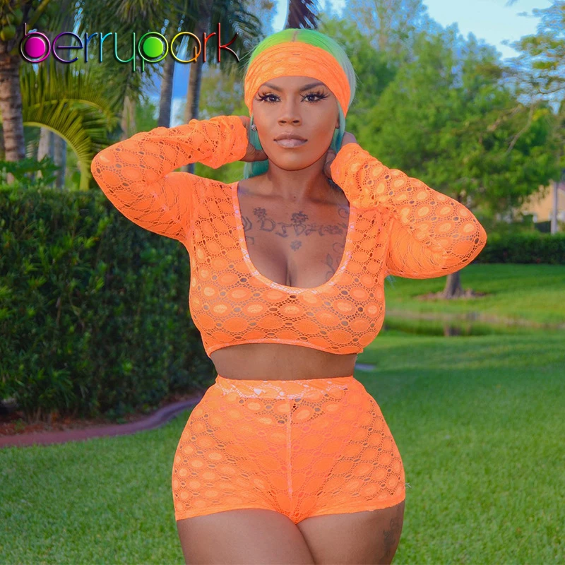 BerryPark Orange Lace Long Sleeve Crop Top + Shorts + Scarf 3 Piece Set Women Hollow Out Transparent Sexy Clubwear Drop Shipping 
BerryPark Orange Lace Long Sleeve Crop Top + Shorts + Scarf 3 Piece Set Women Hollow Out Transparent Sexy Clubwear Drop Shipping