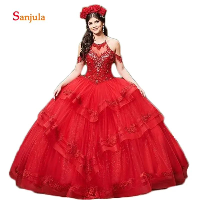 Red Tulle Ball Gown Quinceanera Dresses 2019 Halter Appliques Beaded Tieres Skirt Sweet 16 Dresses vestido de debutante D1090
Red Tulle Ball Gown Quinceanera Dresses 2019 Halter Appliques Beaded Tieres Skirt Sweet 16 Dresses vestido de debutante D1090