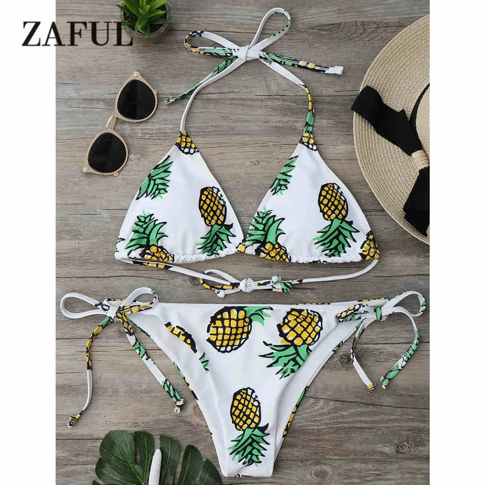 

ZAFUL 2019 Women New Pineapple String Bikini Set Sexy Mid Waisted Print Halter Tropical style Brazilian Swimwear bathing suits