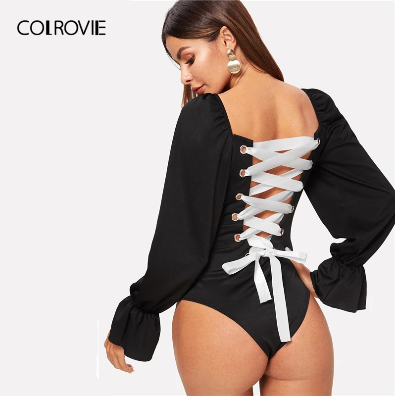 

COLROVIE Black Square Neck Grommet Lace Up Back Vintage Bodysuit Women 2019 Spring Long Sleeve High Waist Sexy Party Bodysuits