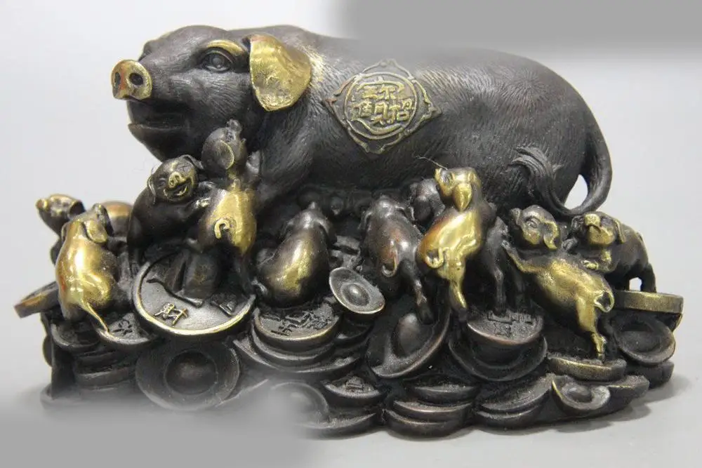 DS China brass feng shui sculpture carved money Sycee Yuab Bao many pigs Statue