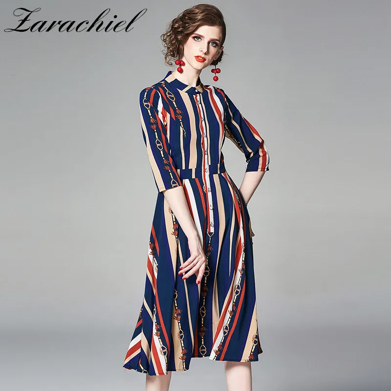 2019 Spring Summer Fashion Striped Dress Women Elegant Vintage Print Dress Single-Breasted Slim A-Line Office Work Dress
2019 Spring Summer Fashion Striped Dress Women Elegant Vintage Print Dress Single-Breasted Slim A-Line Office Work Dress