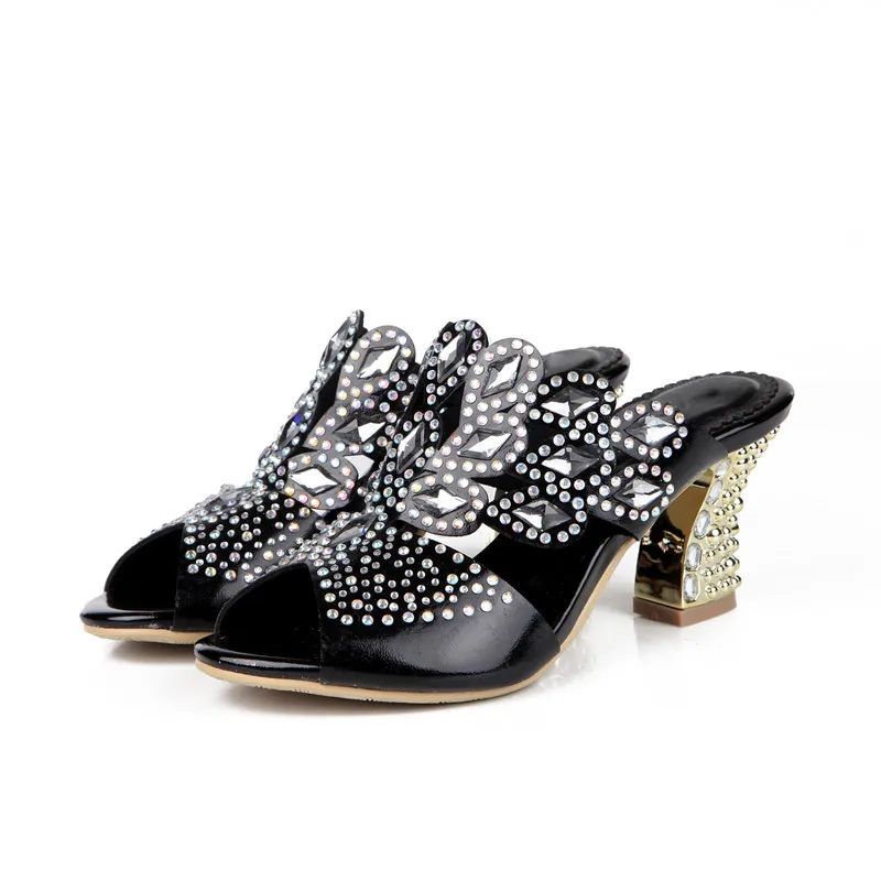 

Thick High Heel 8 cm Heel Slippers Women Summer Rhinestone Hollow Slippers Peep Toe Diamonds High Heel Slippers