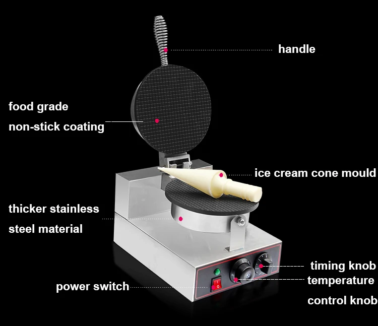 Description Picture 5 of itemCommercial Electric Ice Cream Waffle Cone Maker Palacinka Baker Crepe Cone Baking Machine Crispy Egg Roll Cake Oven Iron Plate