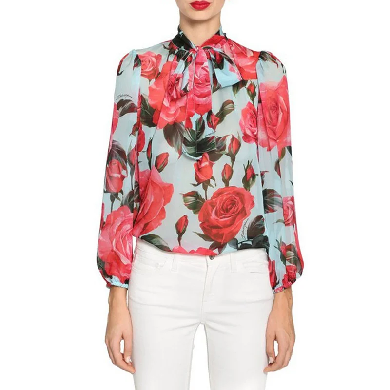New Women Chiffon Blouse Luxury Roses Printed 2019 Designer Collection Bow Collar Shirts Female Lantern Long Sleeve Tops Runway
New Women Chiffon Blouse Luxury Roses Printed 2019 Designer Collection Bow Collar Shirts Female Lantern Long Sleeve Tops Runway