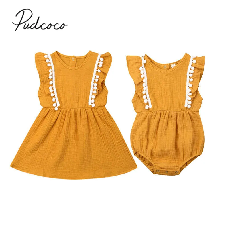 2019 Children Summer Clothing Sister Match Kid Baby Girl Bodysuit Jumpsuit /Dress Tassels Ball Outfit Solid Ruffled Clothes 0-5T
2019 Children Summer Clothing Sister Match Kid Baby Girl Bodysuit Jumpsuit /Dress Tassels Ball Outfit Solid Ruffled Clothes 0-5T
