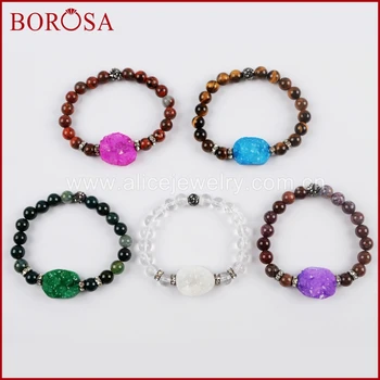 

BOROSA 5PCS Rainbow Agates Druzy With 8mm Multi-kind Stone Beads Bracelet Rainbow Drusy Bangls for Women Jewelry G1556