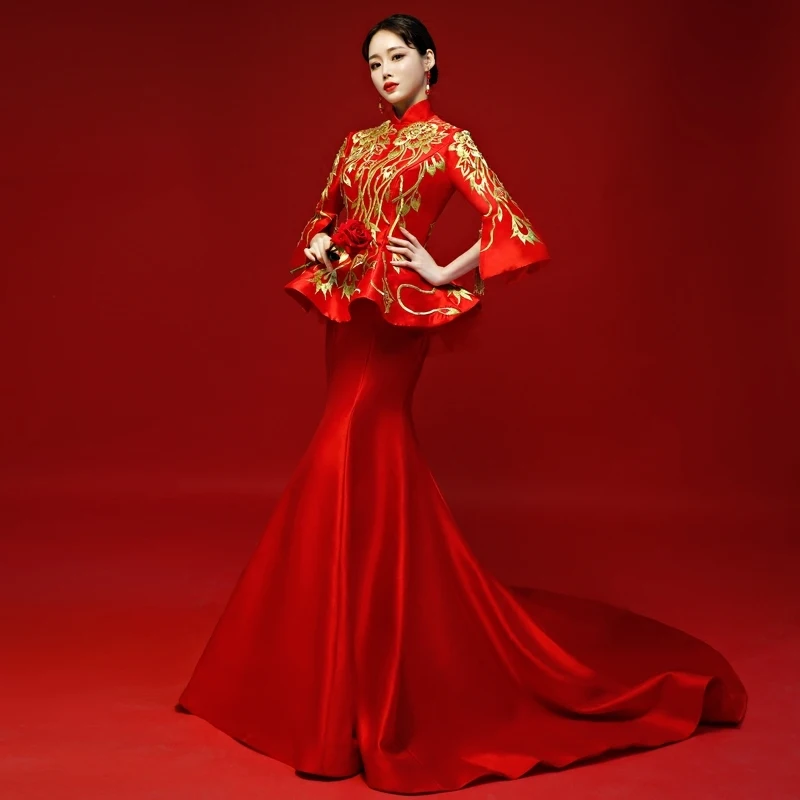 2018 Red Newest Embroidery Mermaid Evening Dresses Luxury Trailing Horn Sleeve Chinese Wedding Dress Women Fashion Cheongsam
2018 Red Newest Embroidery Mermaid Evening Dresses Luxury Trailing Horn Sleeve Chinese Wedding Dress Women Fashion Cheongsam