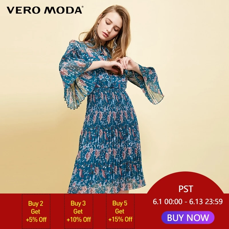 

Vero Moda Lace-up Collar Flare Sleeves Floral A-line Dress | 31817C512