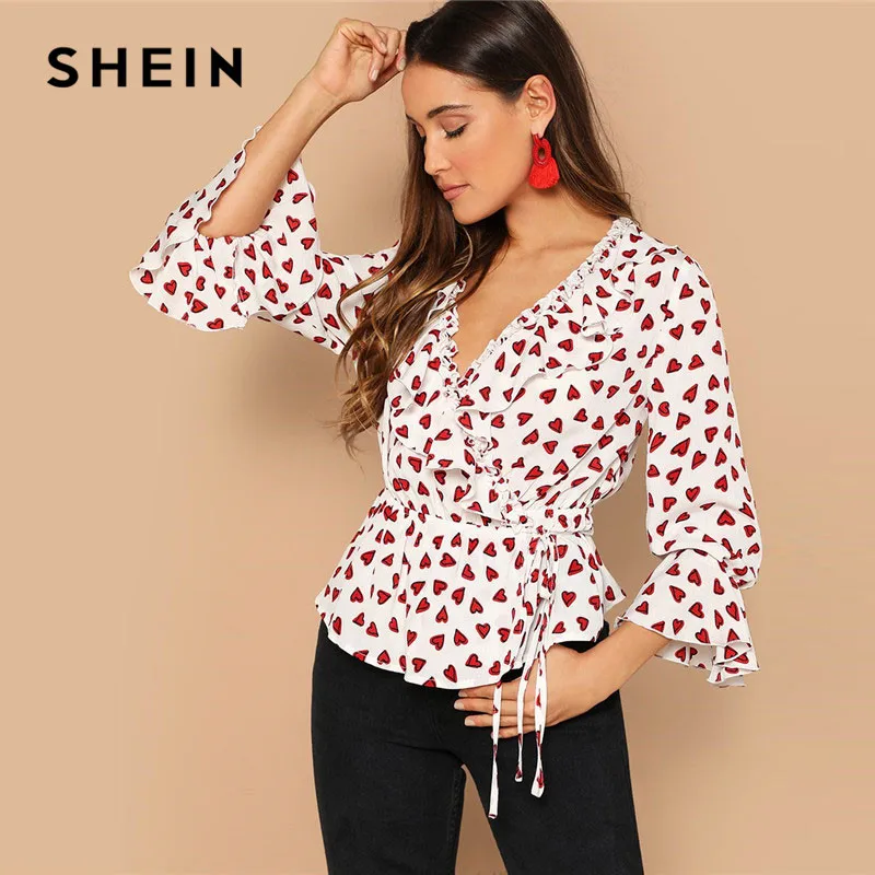 

SHEIN Lady Boho Allover Heart Surplice Wrap Ruffle Belted White Blouse Women Spring Casual V Neck Flounce Sleeve Peplum Tops