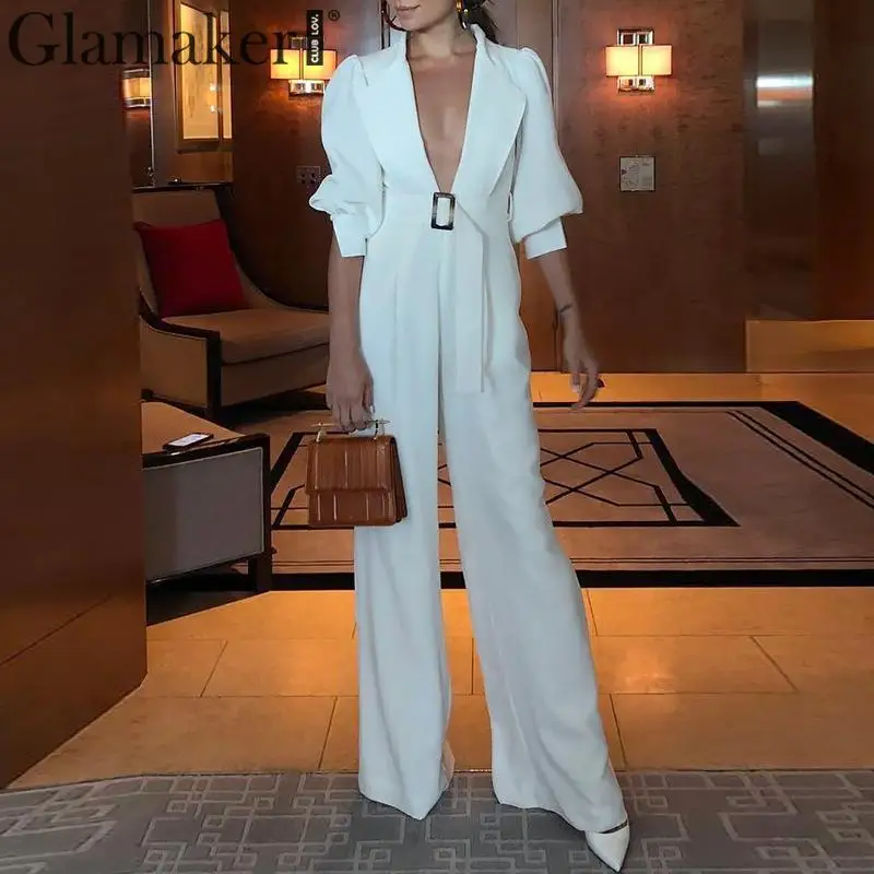 Glamaker White high waist belt autumn jumpsuit Women autumn v neck jumpsuit romper Female vintage lantern sleeve winter overalls
Glamaker White high waist belt autumn jumpsuit Women autumn v neck jumpsuit romper Female vintage lantern sleeve winter overalls