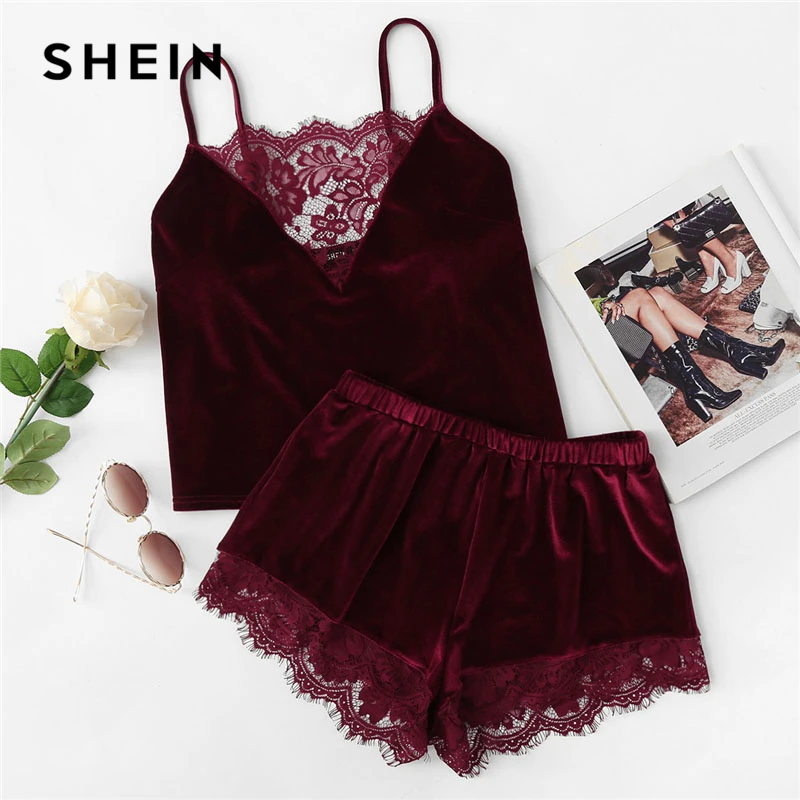

SHEIN 2018 Lace Trim Velvet Cami Shorts Pajamas Set Women Burgundy Plain Spaghetti Strap Sleeveless Sexy Summer Sleepwear