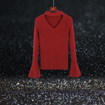 Women V Neck Choker Knitted Sweater Long Flare Sleeve Pullover Knitting Top
Women V Neck Choker Knitted Sweater Long Flare Sleeve Pullover Knitting Top