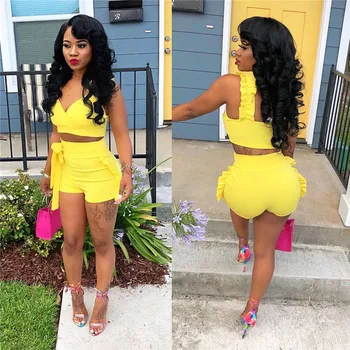 Fashion Women Shorts Two Pieces Sets Solid Yellow Wear Strap Short Sporting Bra Elastic Ruffle High Waist Tracksuit For Women
Fashion Women Shorts Two Pieces Sets Solid Yellow Wear Strap Short Sporting Bra Elastic Ruffle High Waist Tracksuit For Women