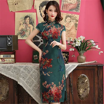 Elegant Navy Green Chinese Style Female Qipao Sexy High Split Satin Dress Classic Mandarin Collar Cheongsam Novelty Vestidos 
Elegant Navy Green Chinese Style Female Qipao Sexy High Split Satin Dress Classic Mandarin Collar Cheongsam Novelty Vestidos