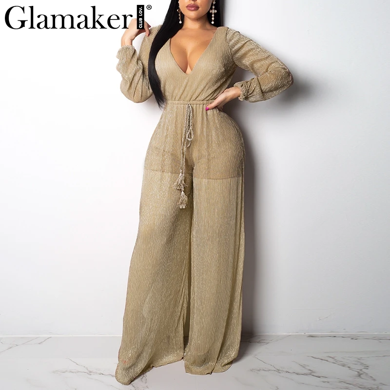 Glamaker Mesh deep v neck sexy jumpsuit Women loose long sleeve wide leg overalls Ladies streetwear elegant jumpsuits rompers
Glamaker Mesh deep v neck sexy jumpsuit Women loose long sleeve wide leg overalls Ladies streetwear elegant jumpsuits rompers
