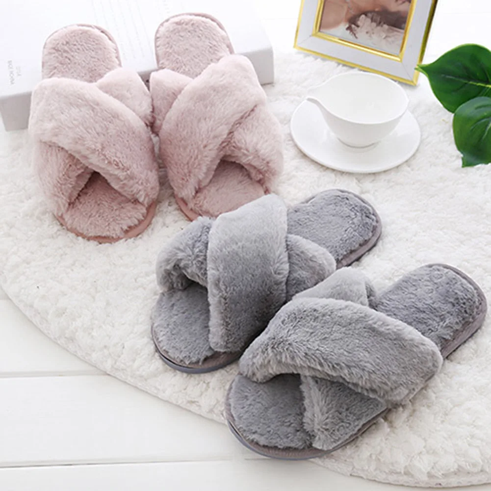 Фото Winter Women Home Slippers with Faux Fur Fashion Warm Shoes Woman Slip on Flats Female Slides Black Pink Plus Size | Обувь