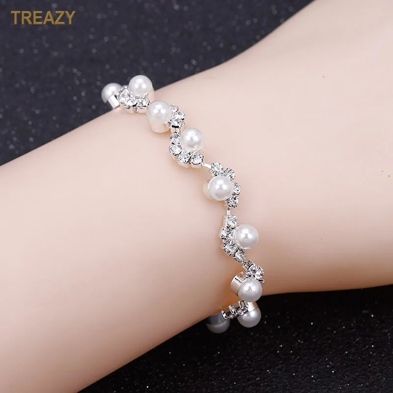

Elegant Silver Color Simulated Pearl Bracelets For Women Charm Crystal Bracelets & Bangles 2018 Bridal Wedding Jewelry Gift