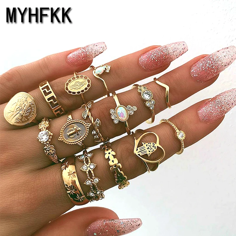 MYHFKK15 шт/набор женских модных колец Фатима ручная Дева Мэри крест лист полое