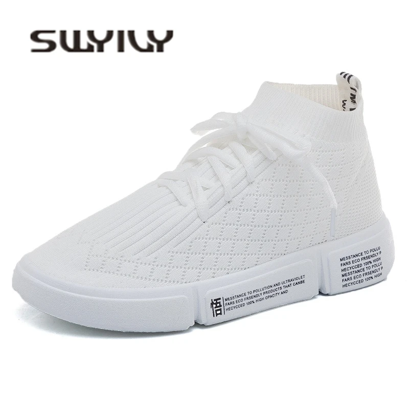 SWYIVY Dad Shoes White Sneakers Platform Knitting Breathable High Top Canvas Shoes Woman 2018 Lady Casual Shoes Sneakers Hot