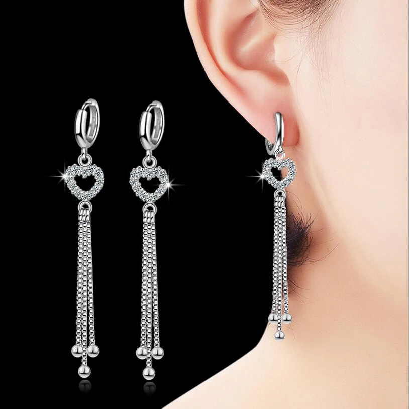 Heart Design Shiny Zircon Long Drop Earrings for Women Fashion 925 Silver White CZ Heart Beads Chain Tassel Fashion Jewelry
Heart Design Shiny Zircon Long Drop Earrings for Women Fashion 925 Silver White CZ Heart Beads Chain Tassel Fashion Jewelry