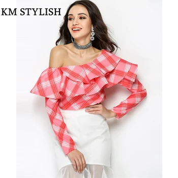 2019 New Fashion Sexy Skew Collar Ruffles Sleeve Red Plaid Shirt Women's Spring and Summer Slim Long-sleeved Shirt 3 colros
2019 New Fashion Sexy Skew Collar Ruffles Sleeve Red Plaid Shirt Women's Spring and Summer Slim Long-sleeved Shirt 3 colros