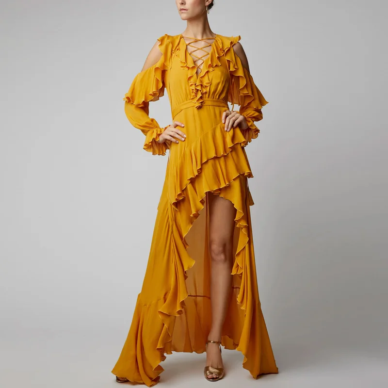 HIGH QUALITY 2019 Designer Runway Maxi Dress Women's Long Sleeve Shoulder Hollow Out Ruffle Dovetail Long Dress
HIGH QUALITY 2019 Designer Runway Maxi Dress Women's Long Sleeve Shoulder Hollow Out Ruffle Dovetail Long Dress